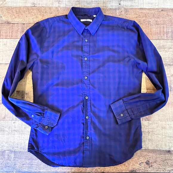 7 For All Mankind Blue Plaid Men's Dress Shirt Medium Cotton Plain Front - Picture 7 of 8